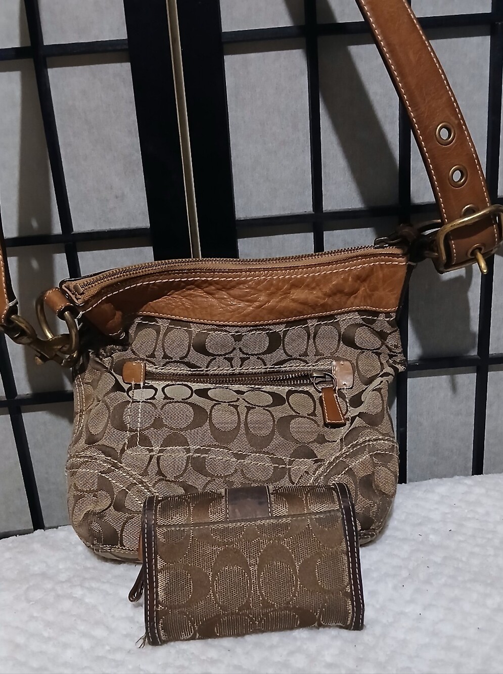 Coach Brown Signature Canvas Crossbody with Tan Leather Trim And Wallet